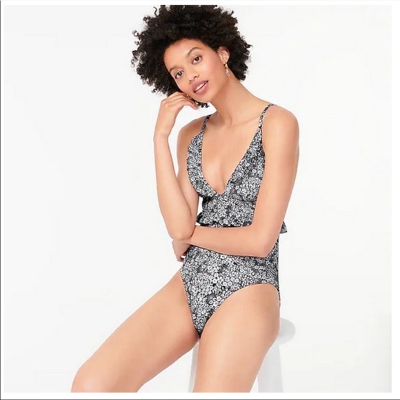 J. Crew Ruffle v-neck one-piece in valley floral Navy Blue - Picture 1 of 4